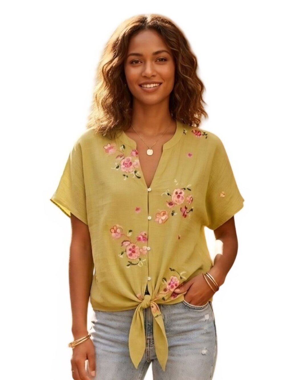 Stunning Yellow Pink Floral Embroidered Gauze Tie Waist Top Size L